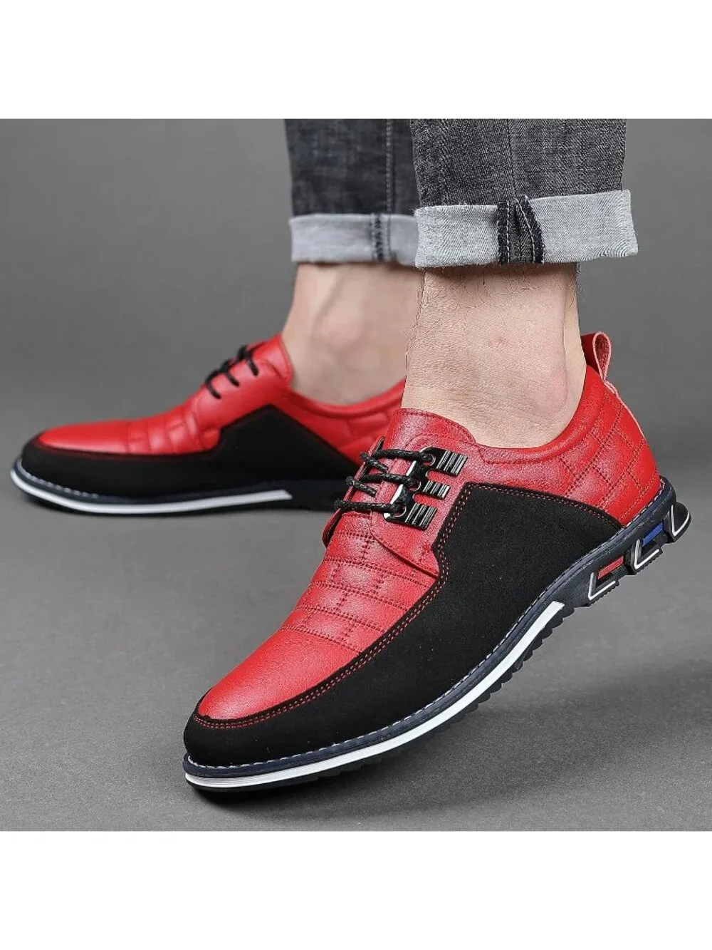 Men's Red & Black Grid Textured Two-tone Flexible Derby Oxfords Dress Sneakers